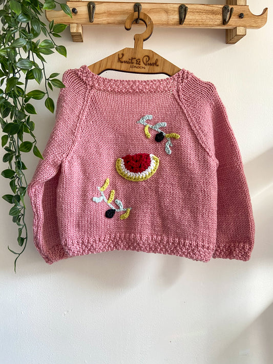 2-3y Hand-knitted Pale Rose Watermelon Cardigan
